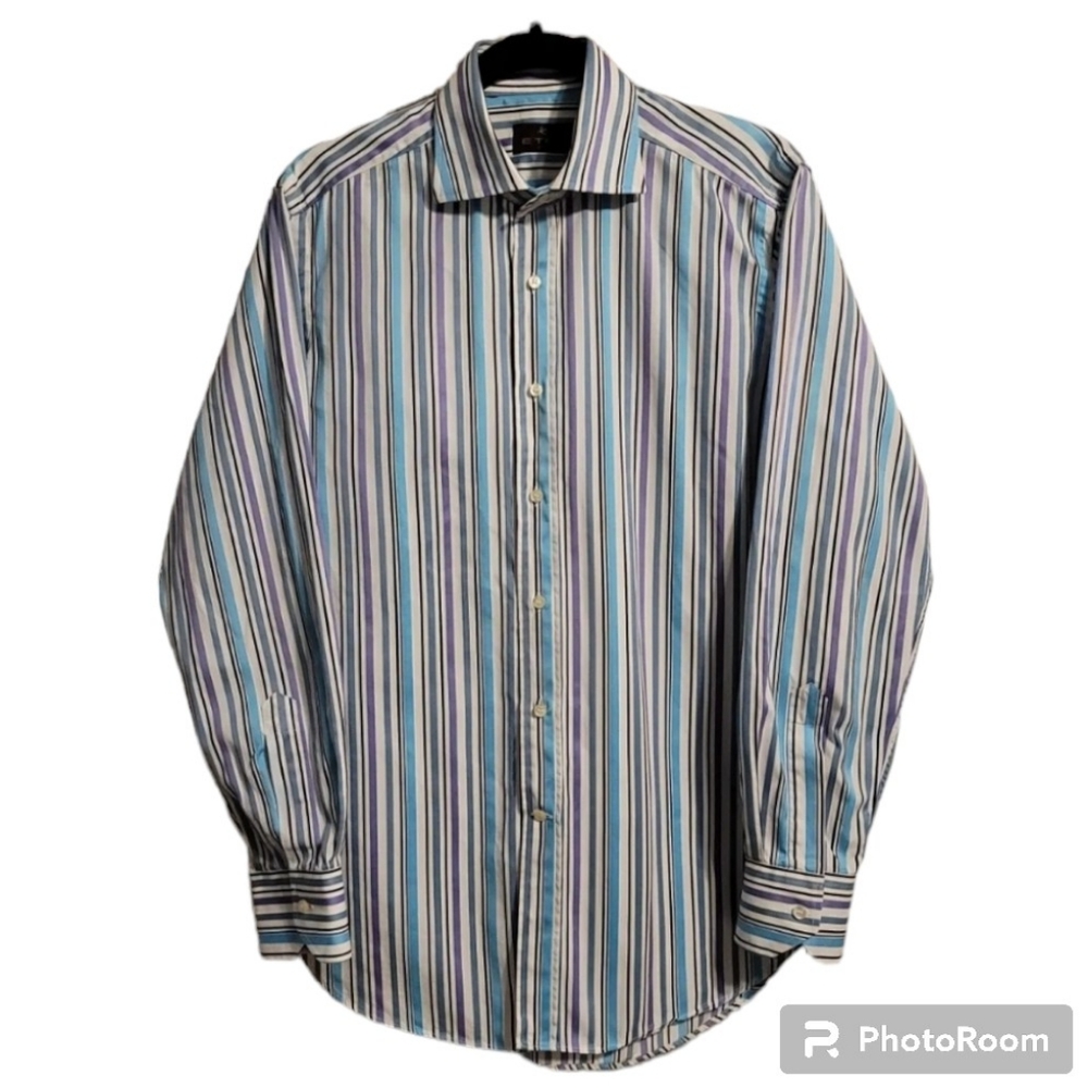 ETRO Milano Dress Shirt Mens 39 Multi Formal Striped Long Sleeve Silk Blend Luxe